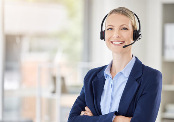 A woman on a call with her headset